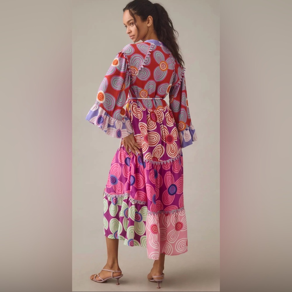 Celia B Maryann V-Neck Mixed Print Midi Dress Button Bright Whimsy Size L - Picture 7 of 16